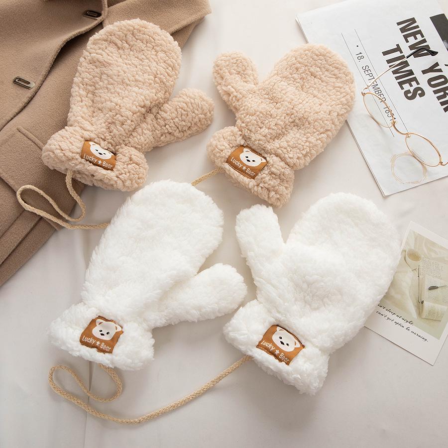 Korean Style Student Winter Mittens: Warm, Windproof, Plush, Hanging Neck, Solid Color Faux Cotton Fluff