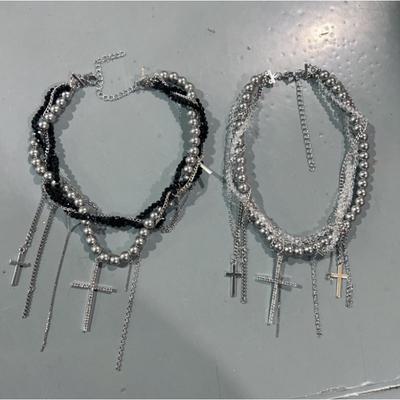 Gothic Layered Cross Necklace - Punk Fringe Choker with Beaded Detailing