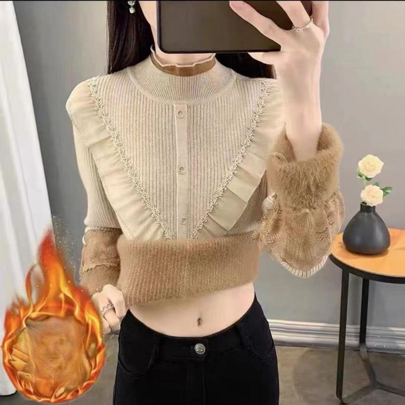 Women Ruffles Lace Patchwork Cashmere Sweater Autumn Winter Casual Knitted Jumpers Long Sleeve Slim Pullovers