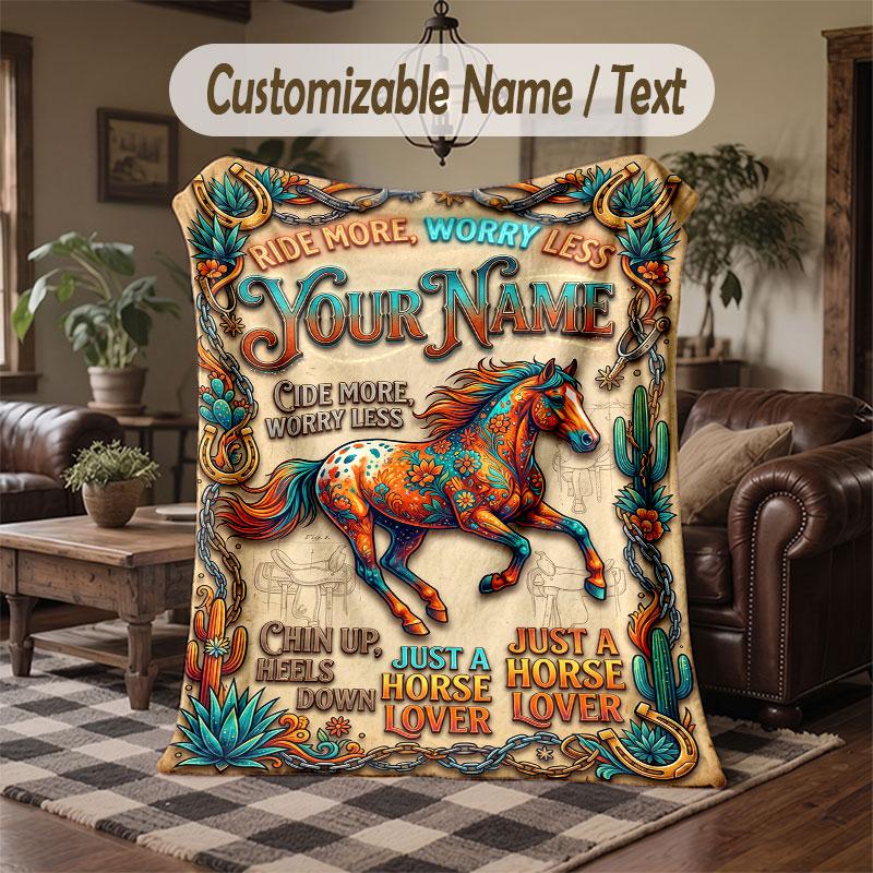Coperta da divano a tema cavallo con nome personalizzato Testo Coperta personalizzata Morbida Coperta accogliente per casa Divano Letto