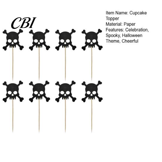 Glitter Black Cake Topper 8 Pcs Halloween Cupcake Picks, Spooky Skull Toppers, Gothic Birthday Party Decoration for Supplies Burr-free
