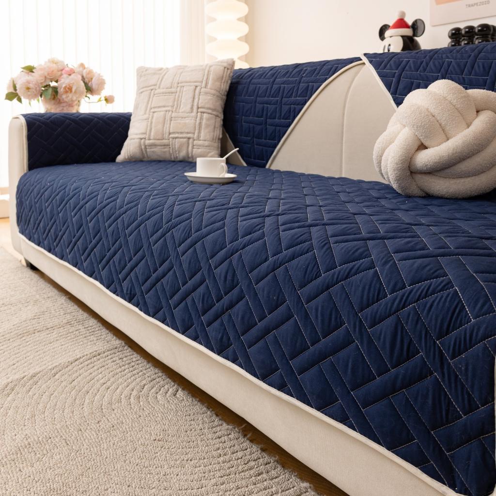 1Pc Thicken Geometric Quilted Non-Slip Sofa Cover, Solid Color Sofa Towel All Seasons Universal Fit Couch Seat Pad Protector