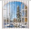 Winter Snow Scene Shower Curtain Christmas Snowflake World Forest Tree Pine Natural Scenery Wooden Window Xmas Holiday Blue