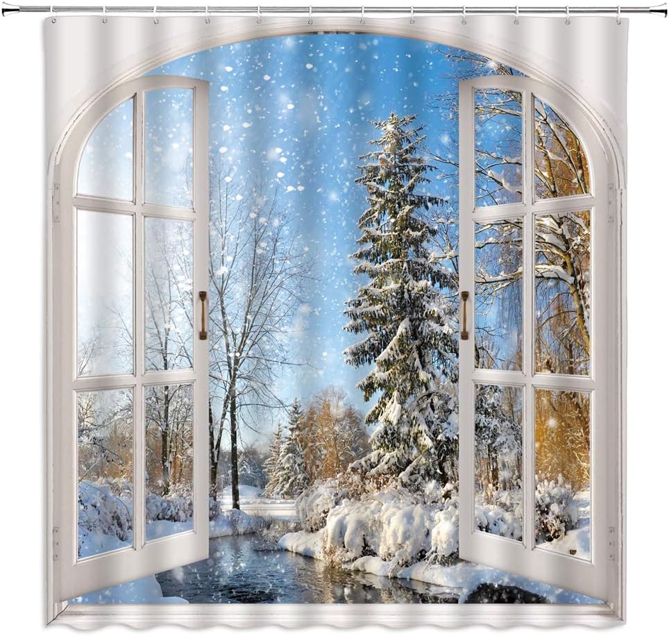 

Winter Snow Scene Shower Curtain Christmas Snowflake World Forest Tree Pine Natural Scenery Wooden Window Xmas Holiday Blue W60H190(CM)-1 Pcs
