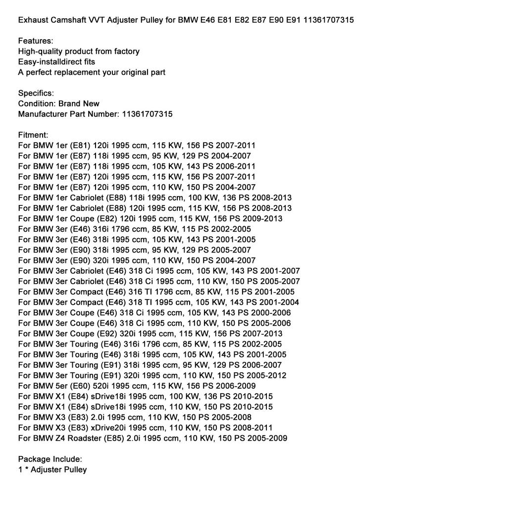 Exhaust Camshaft VVT Adjuster Pulley for BMW E46 E81 E82 E87 E90 E91 11361707315