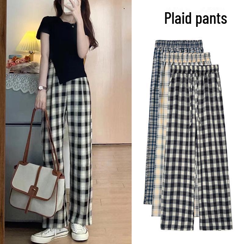 Women's High-Waist Black & White Plaid Wide-Leg Pants - Slim, Versatile, Casual, Loose, with Velvet, Ideal for Autumn and Winter
