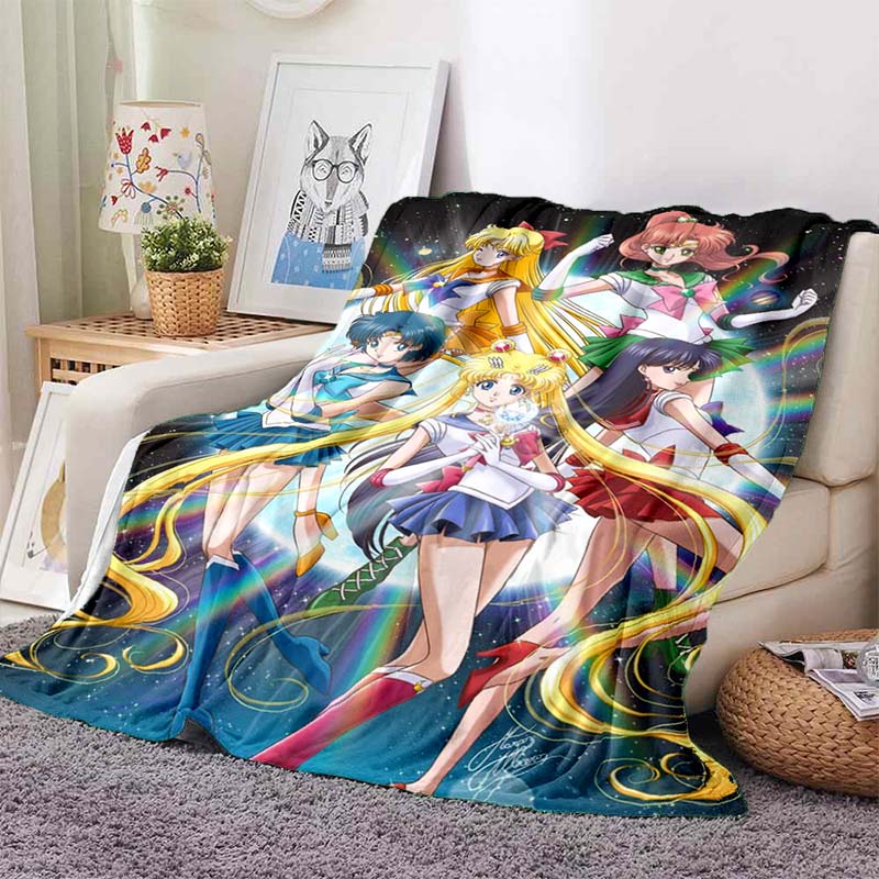 HD S-Sailor M-Moon Flannel Throw Blanket 3D Cartoon Print Soft Warm Lightweight Sofa Bed Cover Girls Bedroom Travel Decor Gift