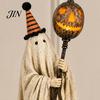 Shabby Stoff Geist Dekoration Vintage Figur mit leuchtendem Kürbis Zepter, Halloween Ornament Retro LED Licht, Harz beleuchtet für Innen Außen