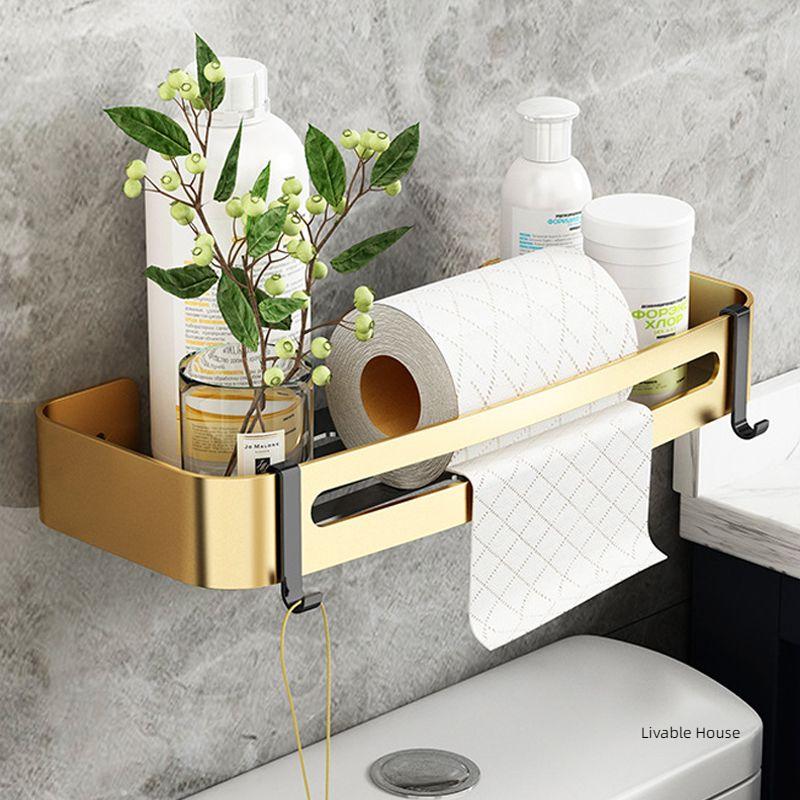 Wall-Mounted Nail-free Shampoo Golden Holder Storage Shelf Toilet Basket Holder Storage Rack Hanging Bathroom Shelves Organizer