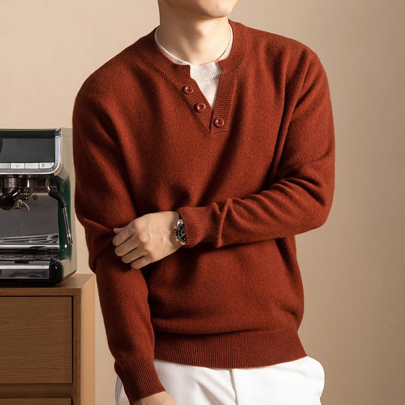 Men's Cashmere-Blend Thick Knit Sweater - Round Neck, Relaxed Fit, Faux Two-Piece, Casual Style