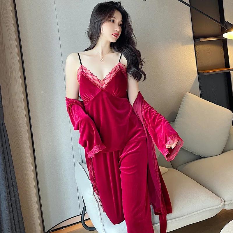Women Velour Pajamas Set Red Lace 3PCS Sleepwear V-neck Bathrobe Suit Autumn New Arrival RobeTopsPants Casual Pijamas Home Clothes