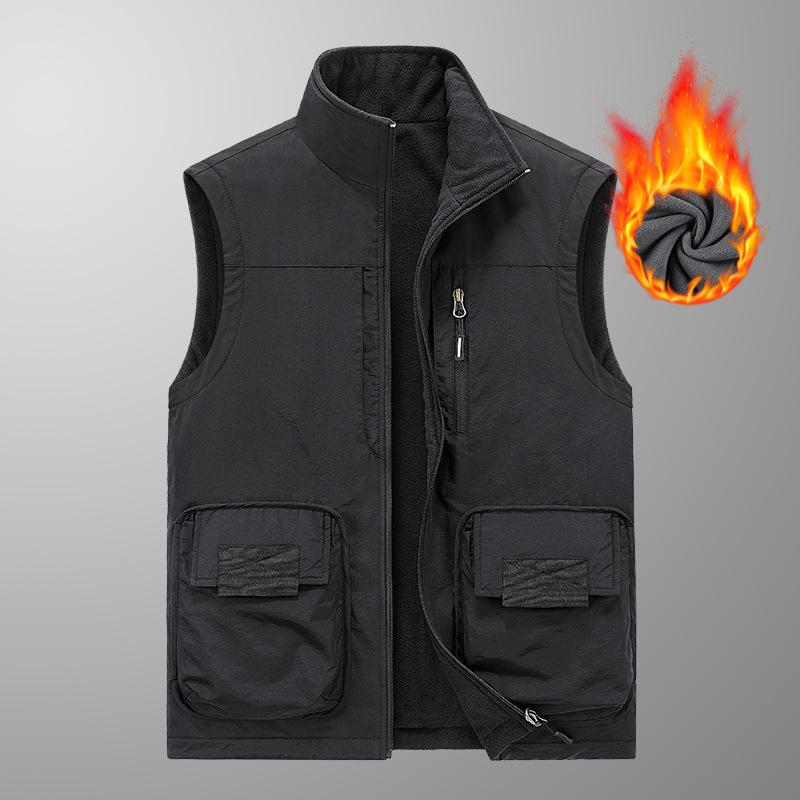 Middle-aged Velvet Thickened Vest with A Base To Keep Warm and Casual Vest, Wearing A Multi-pocket Vest on Both Sides