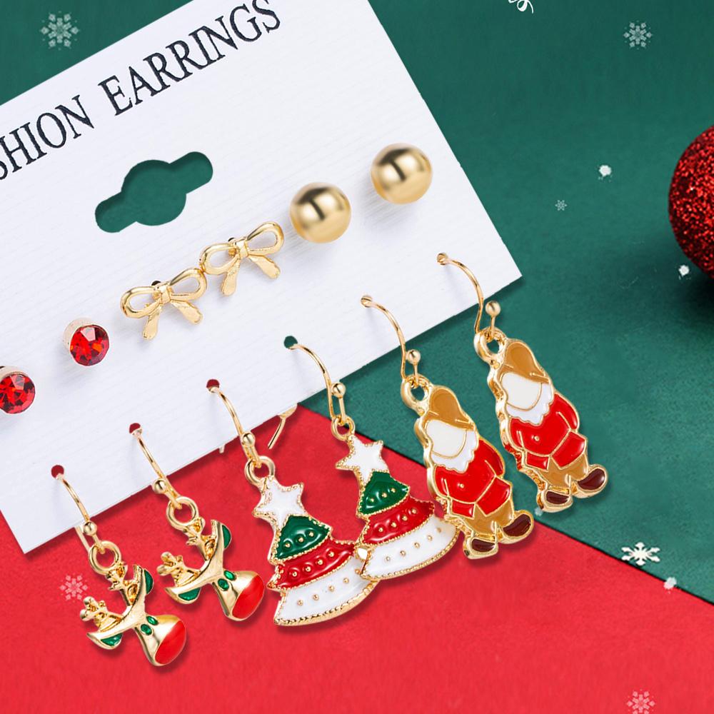 6 Pairs Of Women Earrings Christmas Series Christmas Tree Snowman Deer Pattern Earrings Fashionable Cute And Simple Accessories