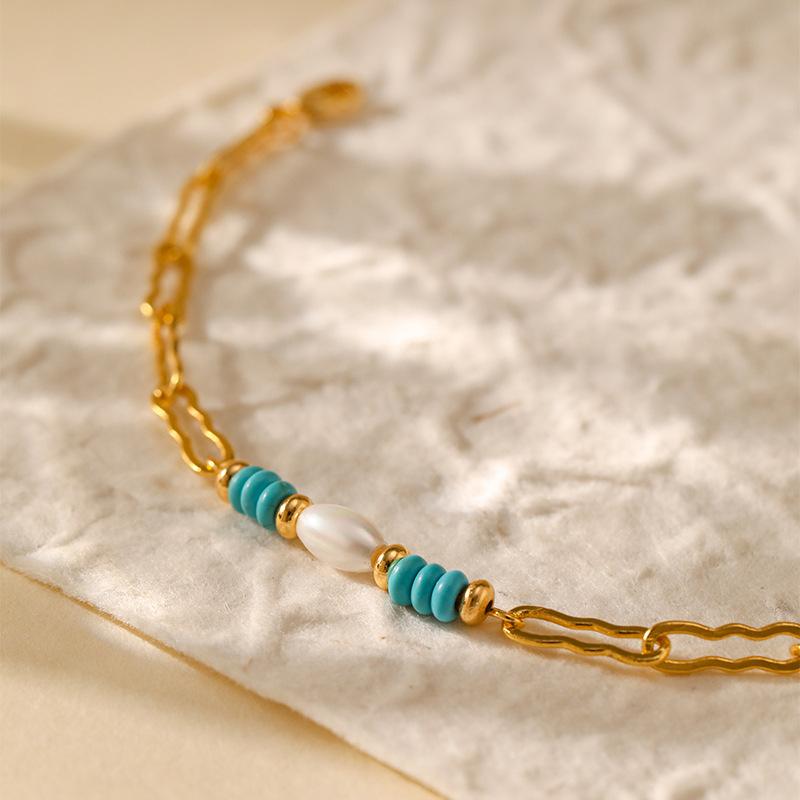 Elegant Niche 18k Gold Plated Copper Pearl Turquoise Bead Bracelet For Women