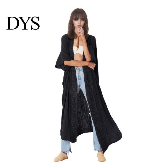 Swimsuit Cover-up Lady Beach Cardigan Sunscreen Anti-UV Long Sleeves Lace Bohemian Style Bikini Casual Daily Coat Thin Calf Length Vacation
