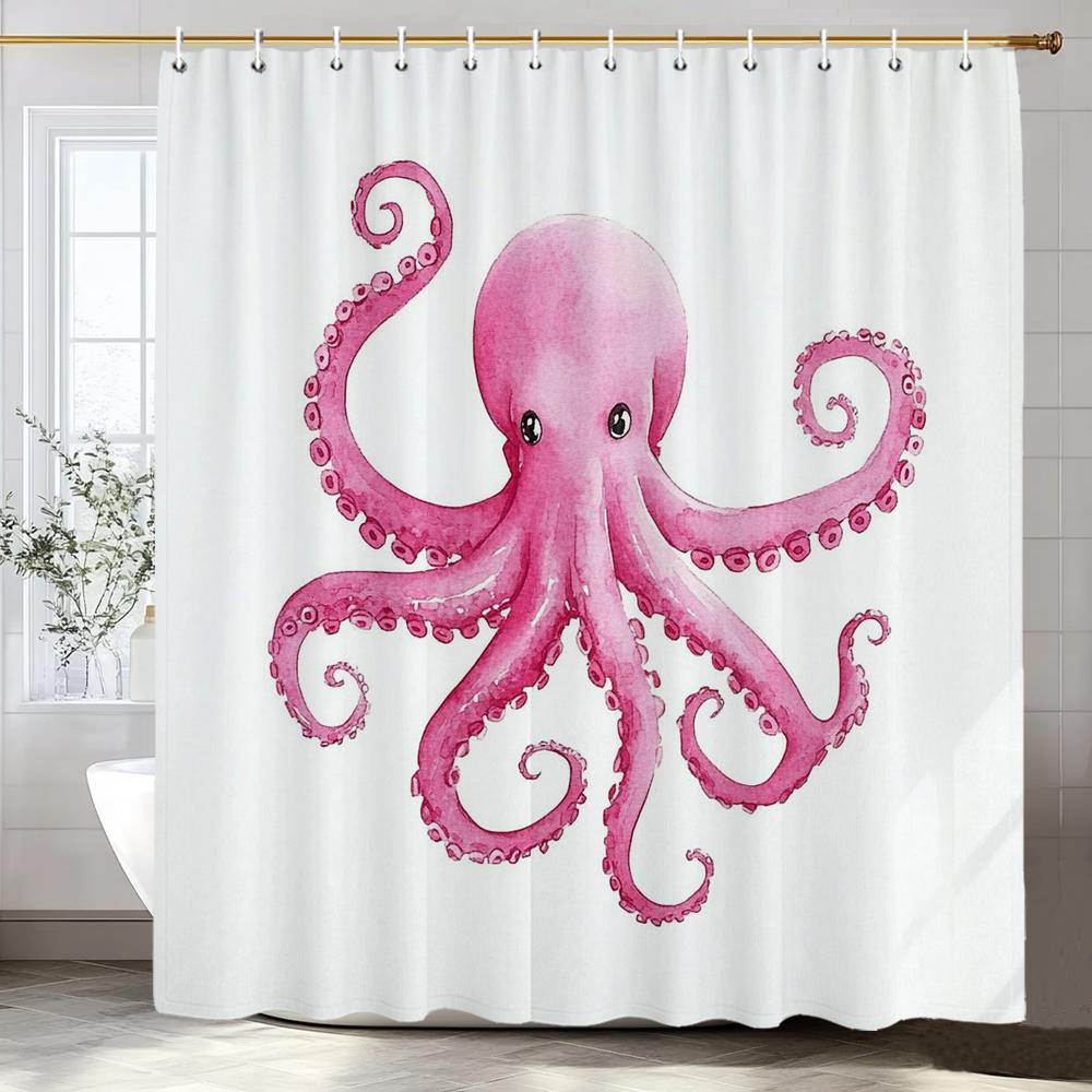 1Pc Octopus Shower Curtain Beach Blue Octopus Design Bathroom Decorative Printed Polyester Bath Curtain With Hooks