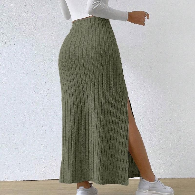 Spring Summer Side Split Slim Fit Knitted Skirt Women Solid Elegant High Waist Skirts Female Fashion Casual Office Lady Skirt 24147