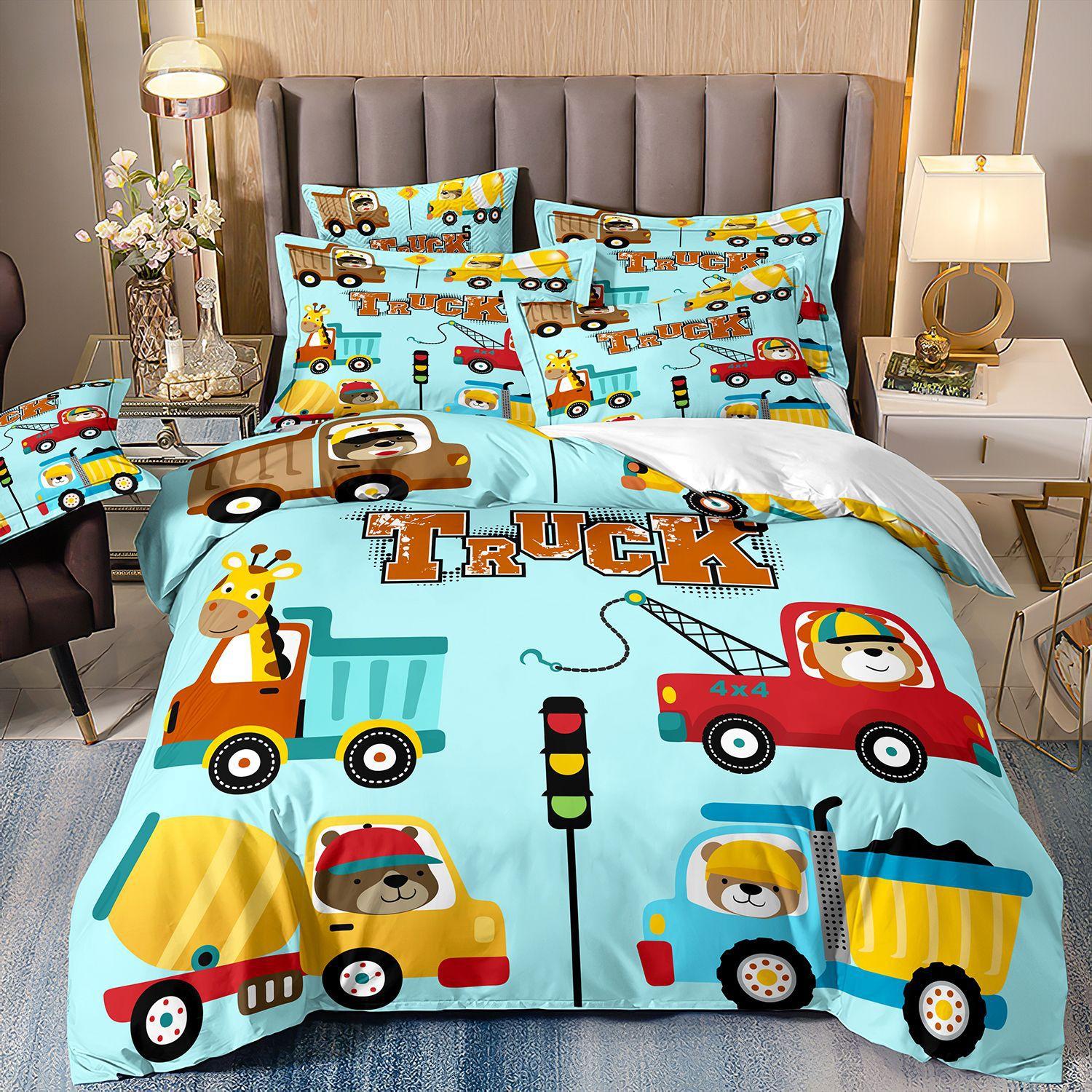 

Construction Vehicle Excavator Truck Fire Truck 3D Digital Printing Bed Three-Piece Quilt Kit cover 70 * 133 and 50 * 75 * 1