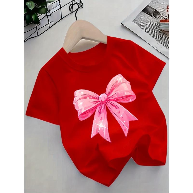 European Sizes 1pc Girls' Round Neck T-Shirt, Easy Bow Design, Cute And Minimalist Fashion Casual All-Match,  Suitable for Girls Under 12