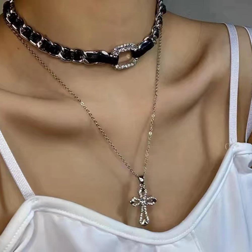 Punk Exquisite Shiny Zircon Hollowed-out Cross Pendant Double-layered Black Rope Metal Chain Winding Necklace for Women Jewelry
