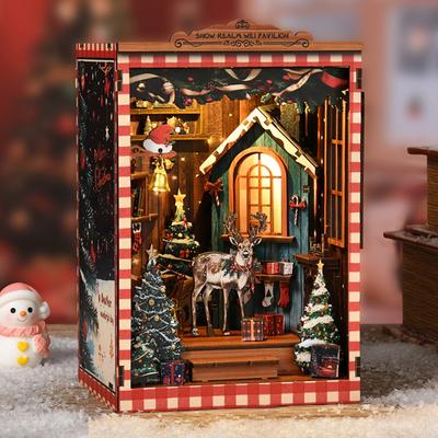 Frohe Weihnachten DIY Holz Buchnische Figuren Miniaturen Bausätze Schnee-Reich Bücherregal Heim Buchstütze Dekoration Erwachsene Handgemachte Geschenke