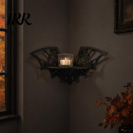 Small Floating Rack Halloween Bat Corner Shelf, Decorative Wooden Wall Mount Display Unique Storage Spiderweb Design Gothic for Home, Bedroom, Kitchen
