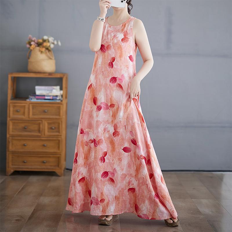 Dimanaf 2025 Women Linen Summer Flower Print Dress Casual Ladies Basic Long Dress 8088