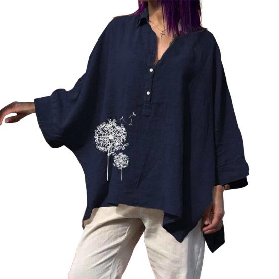 Women Shirt Lapel Buttons Half Placket Batwing Long Sleeve Shirt Tops Loose Fit A-Line Dandelion Print Casual L темно-синий