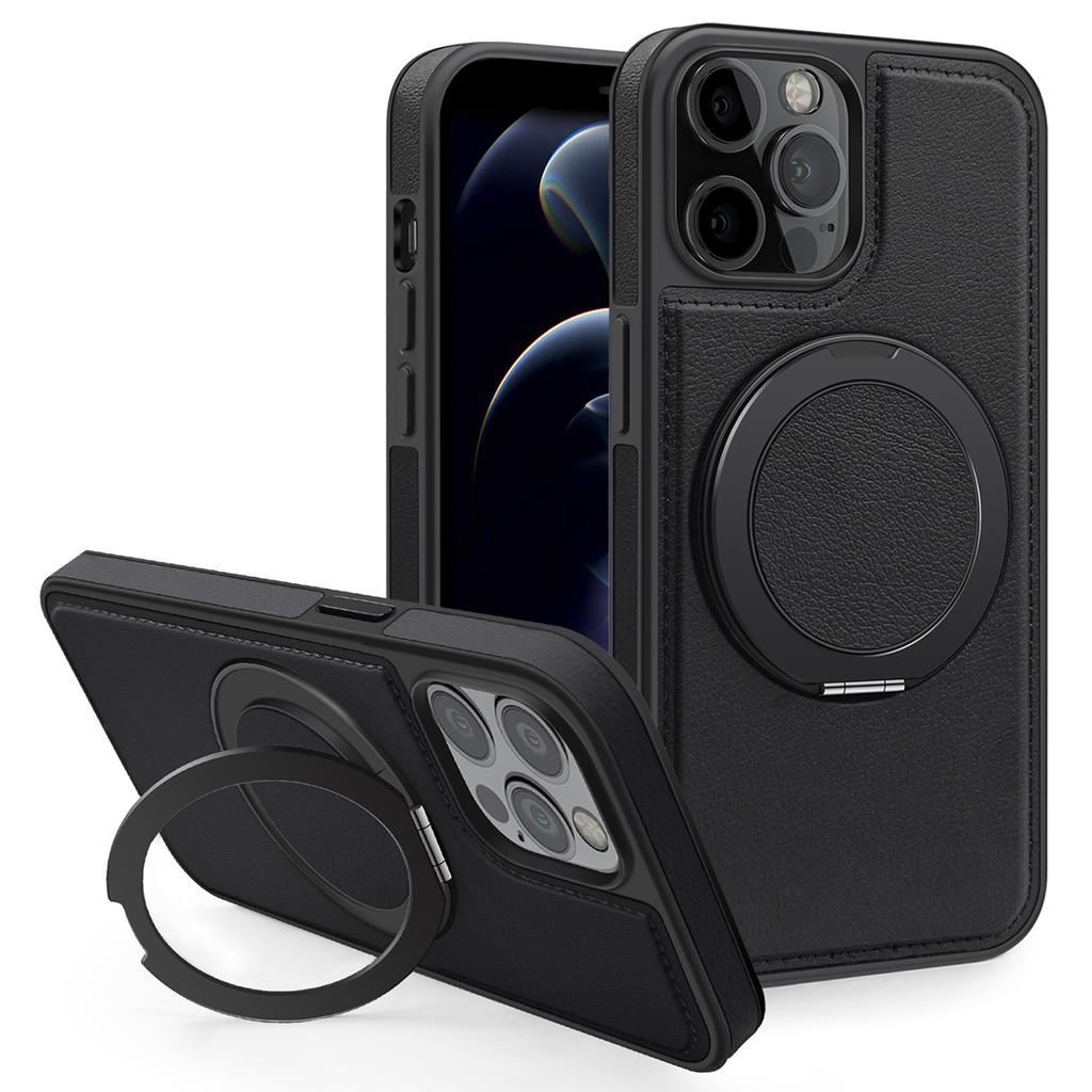 For iPhone 12/12 Pro Case with Ring Kickstand Compatible with MagSafe PU Leather Back Cover