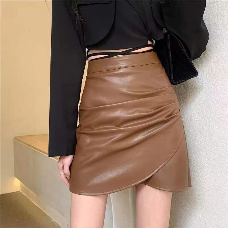 Fustă Neagră A-Line din Piele PU cu Talie Înaltă pentru Femei - Tiv Neregulat, Colecția Primăvară/Toamnă/Iarnă 2024