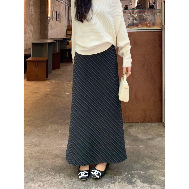 

Kumikumi Retro Contrast Color Stripe Skirt A- Line Skirt Women clothes Autumn Drape High Waist Slimming Versatile Long dress Gray L