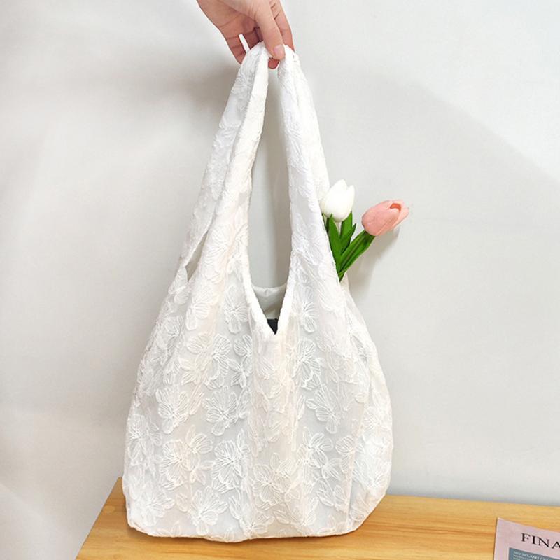 Lace Flowers Women Shoulder Bag Thin Polyester Ladies Shopping Handbags Solid Girs Book Bags Casual Female Travel Tote