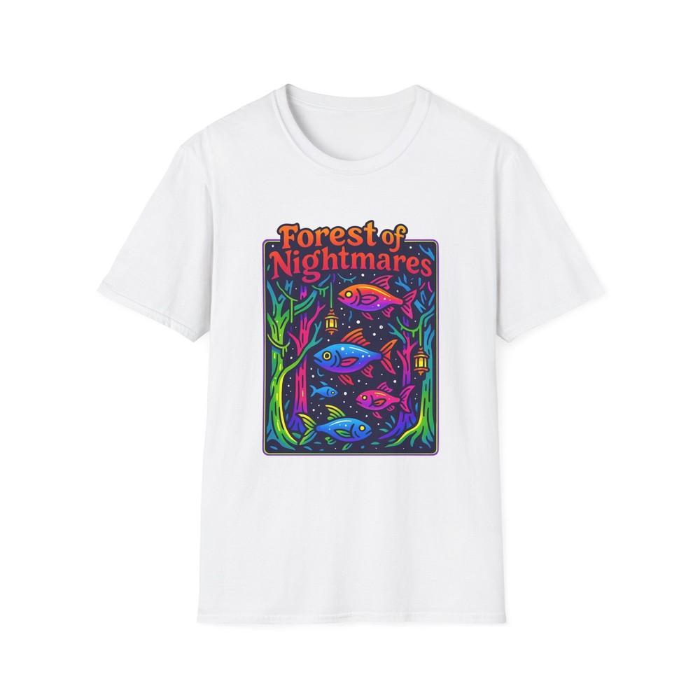

Unisex Softstyle T-Shirt Surreal Neon Forest with Flying Fish and Lanterns XL
