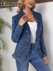 Veste en jean bleu marine à bords volantés pour femme, col montant, un bouton, manches longues, coupe ajustée, style français