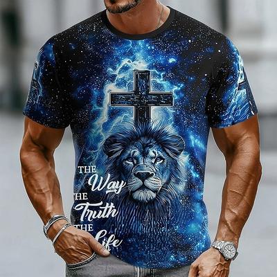 Herren Löwen Kreuz Christliches T-Shirt Kurzarm T-Shirt 3D Druck Rundhals Shirt Religiös Lässig Täglich Party Blau Rot Grün