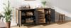 Sideboard 140x35x70 cm, MDF, 3 Doors and 3 Drawers, Side Cabinet, Modern Cabinet with 6 Metal Legs for Living Room, Black + Natural Wood Color