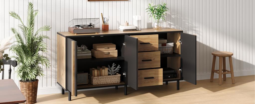 Sideboard 140x35x70 cm, MDF, 3 Doors and 3 Drawers, Side Cabinet, Modern Cabinet with 6 Metal Legs for Living Room, Black + Natural Wood Color