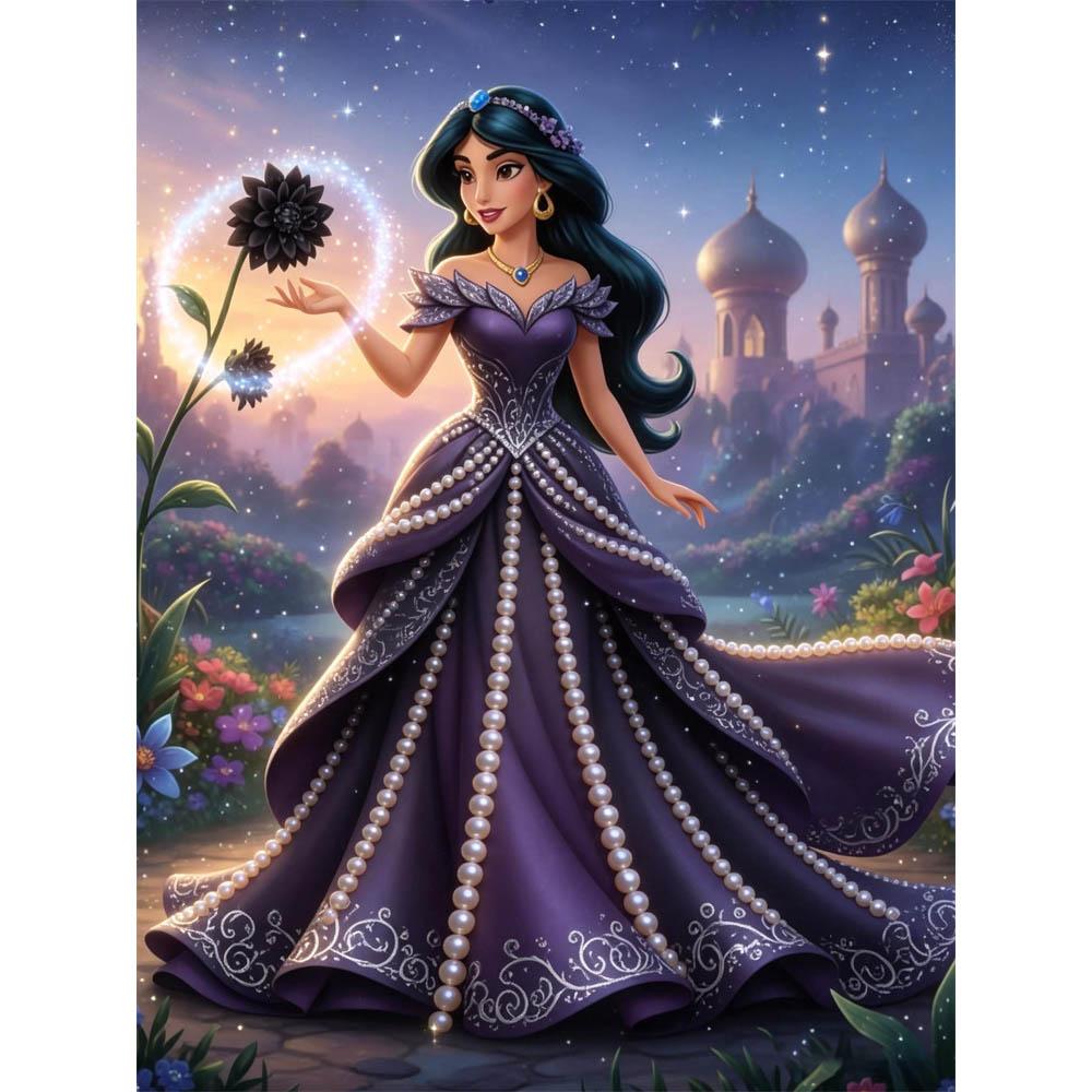 

Disney Pearl Painting Jasmine Princess Purple Dress Magic Flower 5D Exquisite Landscape Sparkling Painting Craft Home Wall Decoration DIY HandmadeGift 35x45cm