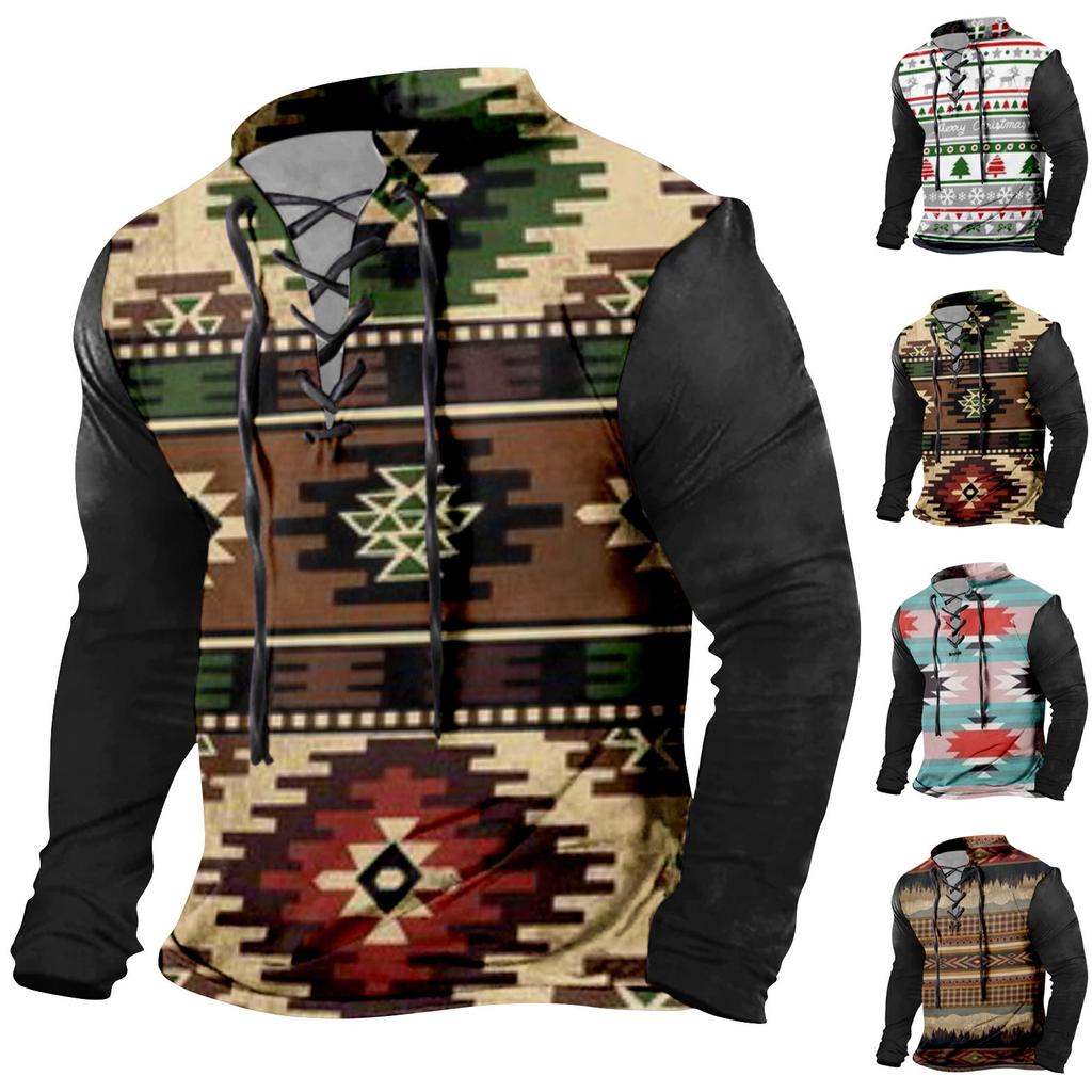 Men's Fashion Casual Printed Long Sleeve Bandage Retro Shirt Top Blouse