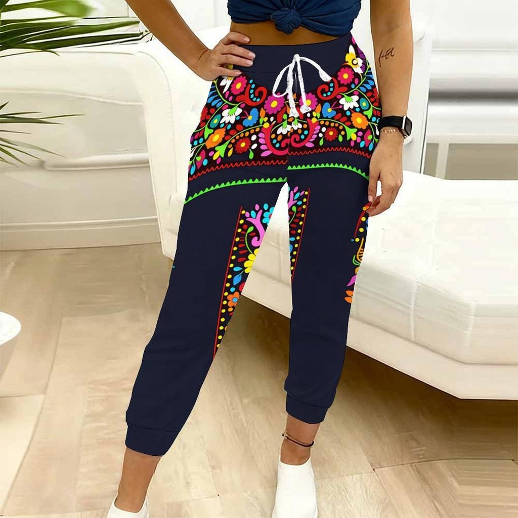 Sommer Damen Blumenprints Bedruckte Jogginghose Lockerer Schnitt Kordelzug Jogginghose Elastischer Bund Tägliche Lässige Hose