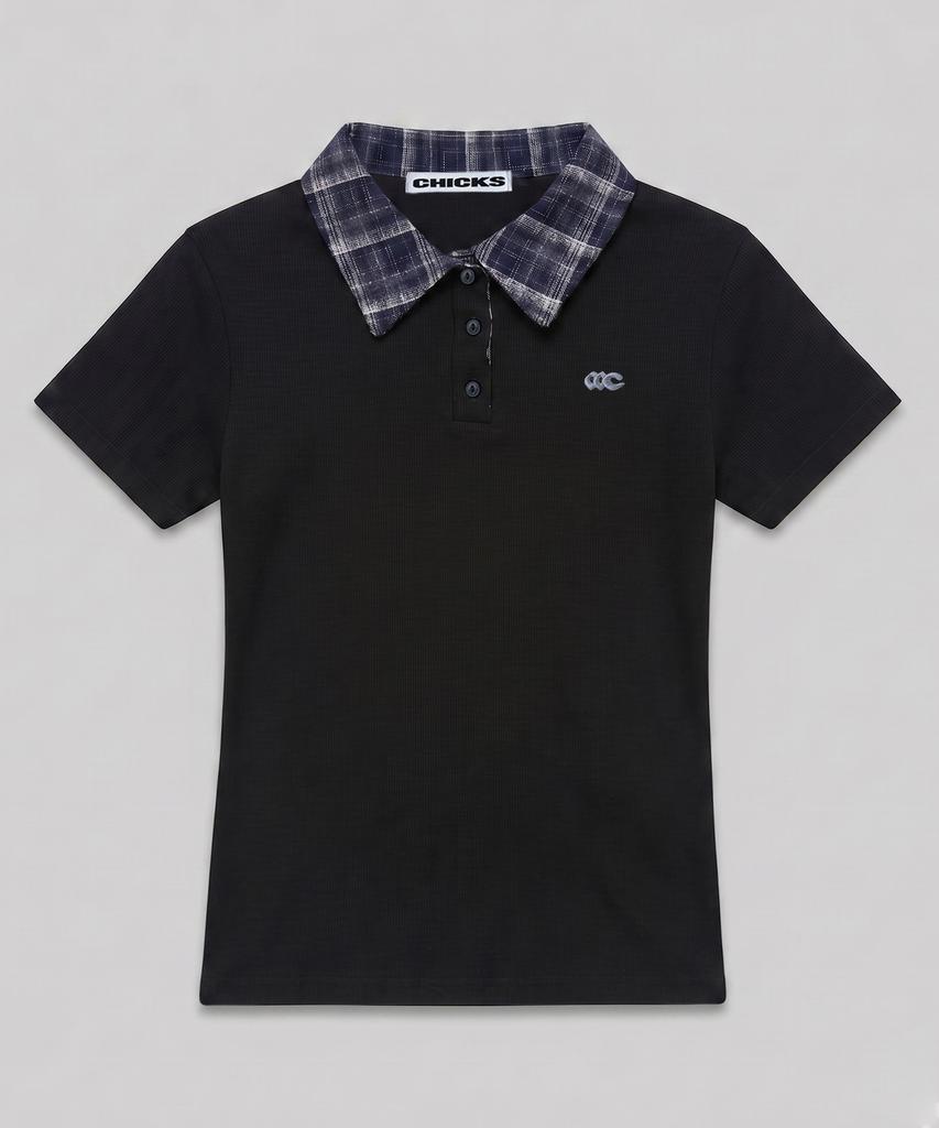 CHICKS Check Point Collared Short Sleeve T-Shirt Charcoal