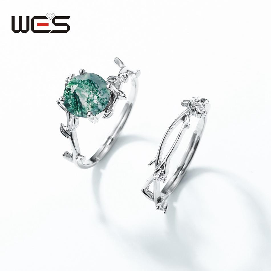 WES CopperNatural Gemstone 8*8mm Moss Agate Jewelry Set for Women Leaf Branch Ring Pendant Wedding Gift