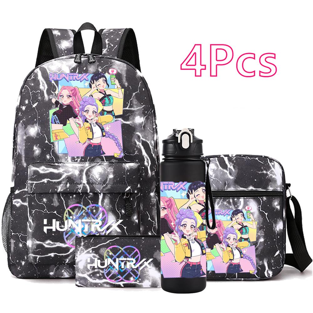 4-teiliges/Set Anime Niedlich K-Pop Bedruckter Rucksack mit 750 ml Wasserflasche für Teenager Schüler Mädchen Junge Schultasche Kindergeschenk Große Kapazität Reisetasche Mochila