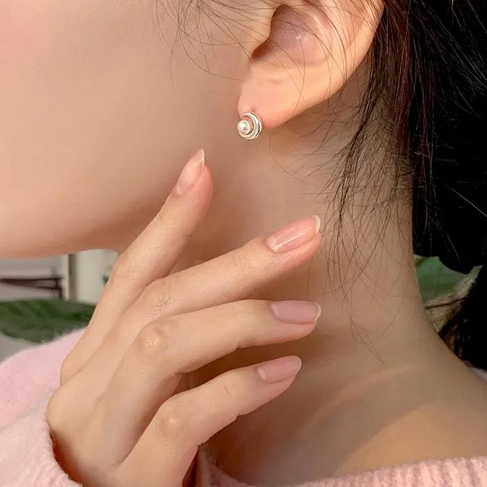 [925 Silver] Heart Ribbon Mini Swarovski Pearl Earrings 5-Piece Collection