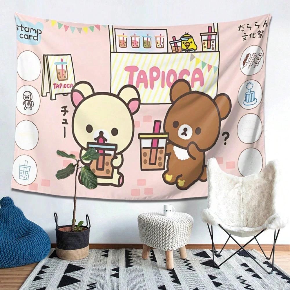 1pc Kawaii Bear Wall Hanging Polyester 2D Flat Print for Bedroom Cafe Japanese Character Art Great Festival Gift for Kawai
