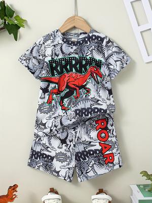 2pcs Boys Fun Dinosaur Print T-shirt & Shorts Set - Soft, Breathable, Stylish - Ideal Cool Summer Wear for Everyday Adventures!