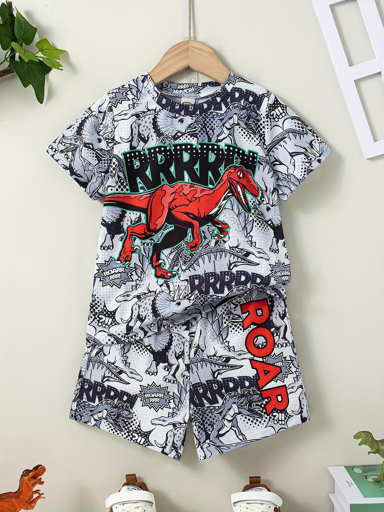 2pcs Boys Fun Dinosaur Print T-shirt & Shorts Set - Soft, Breathable, Stylish - Ideal Cool Summer Wear for Everyday Adventures!