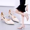 Korean version 2025 summer new pointed patent leather thin heel high heel sandals middle heel bag head one-word buckle sexy and thin women's shoes