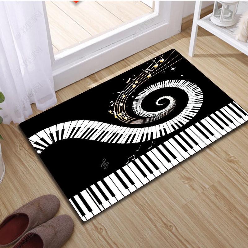 

Creative Music Piano Keyboard Notes Round Rug Black White Swirl Design Non-slip Machine Washable Floor Mat for Home Room Decor 40x60cm