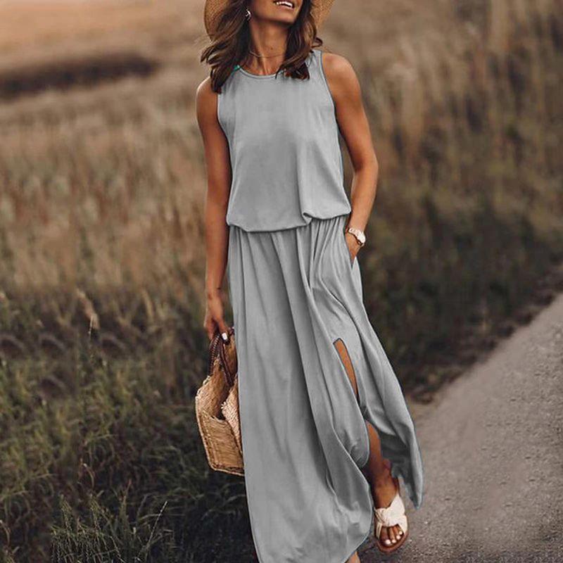 round-Neck Sleeveless Split Dress Loose Solid Color Round Neck Sleeveless Fork Dress